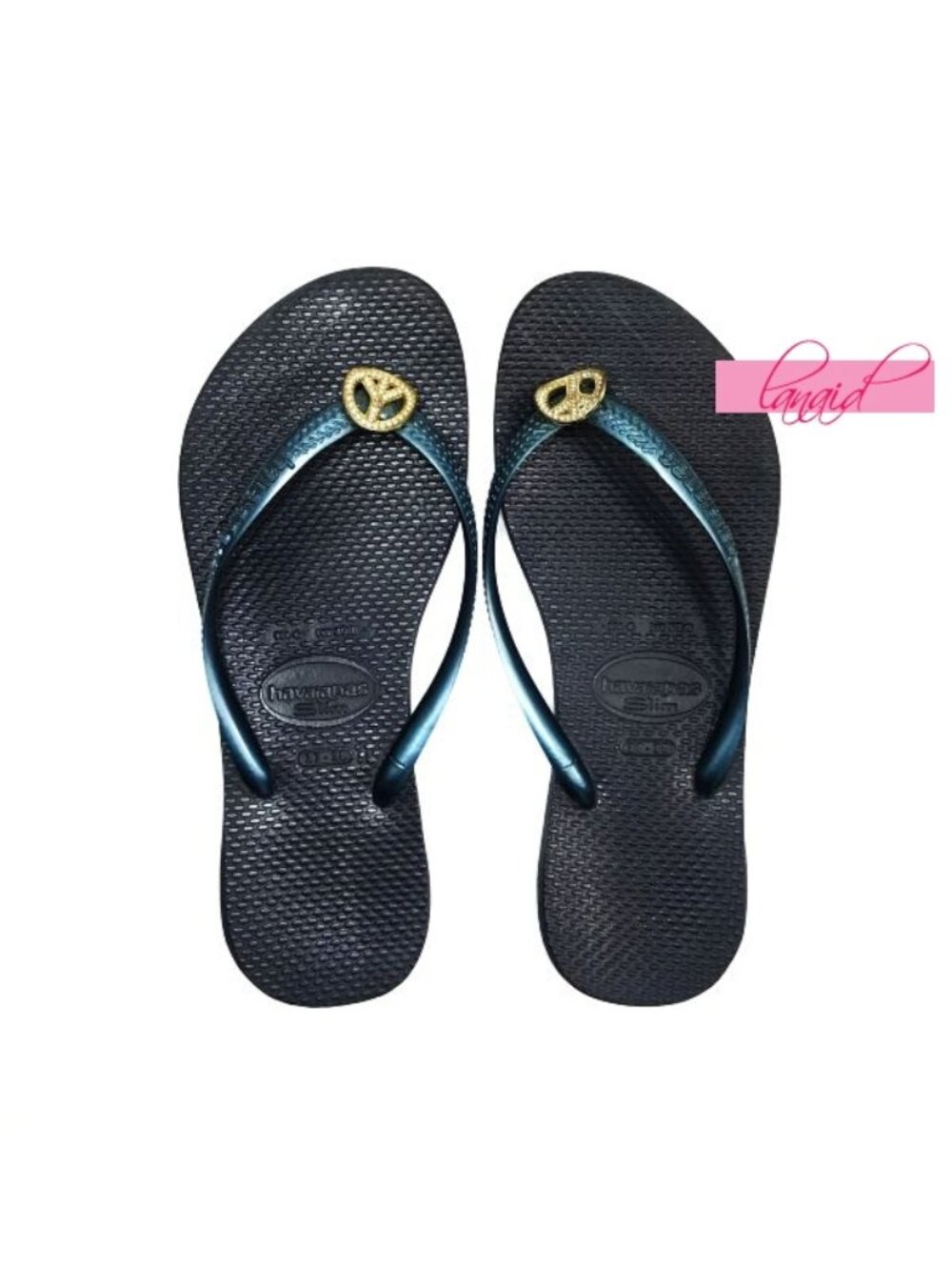 Havaianas Slim Crystal Peace Flip Flops Marine Hippie Sparkly Flats Thong Sandal